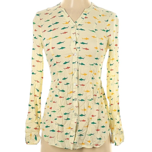 ModCloth Women's Size XXS Rainbow Shark Print Blouse Tie Back Button Down - Picture 2 of 6